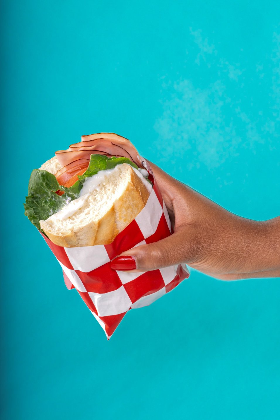 a hand holding a sandwich with meat and cheese